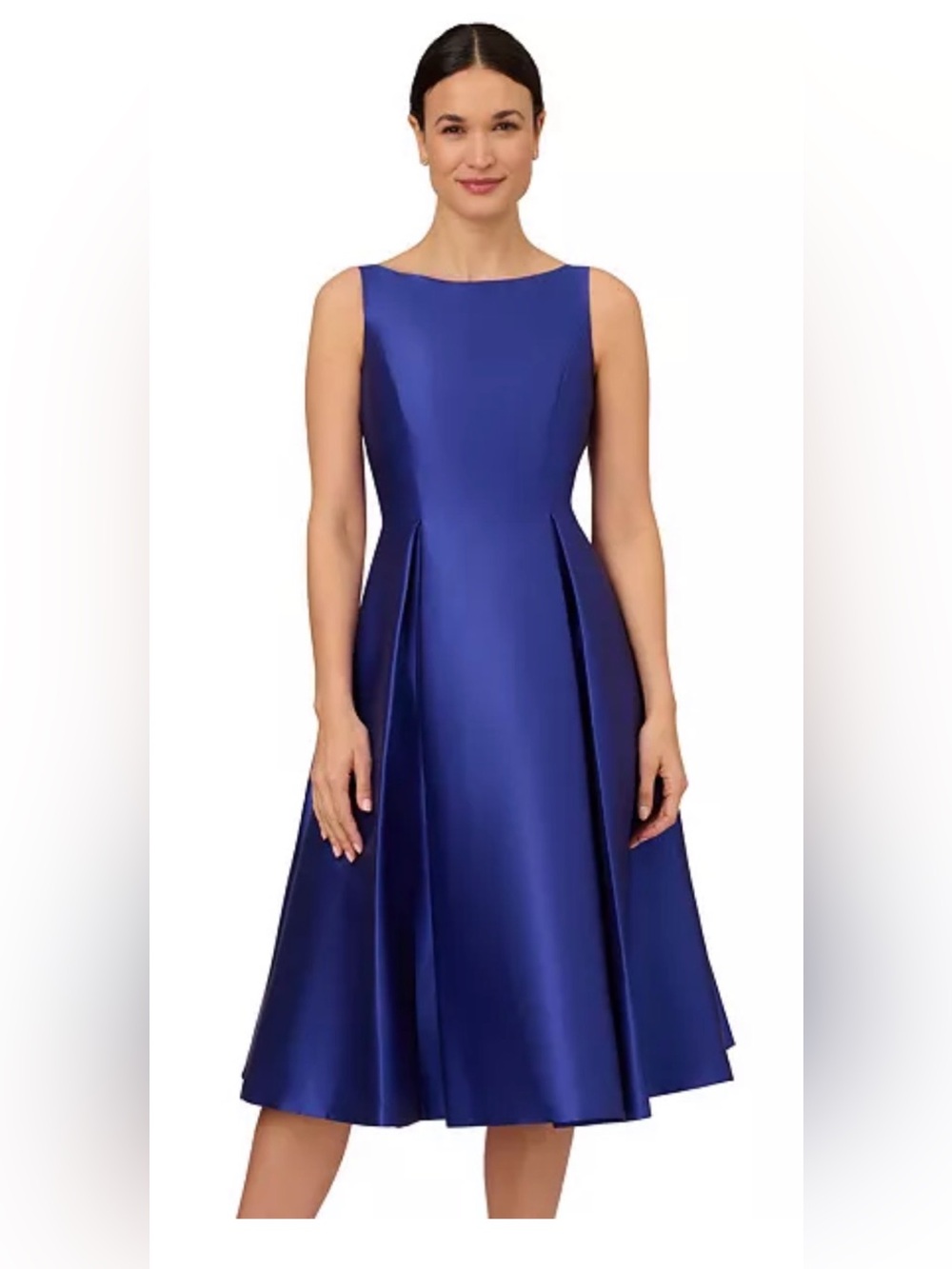 Adrianna Papell Satin Boatneck Midi Dress in Cobalt Blue - Picture 2 of 6